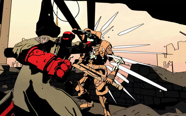 An HD desktop wallpaper featuring intense action from the video game Hellboy: Web of Wyrd, showcasing Hellboy battling skeletal foes in a dynamic, stylized environment.