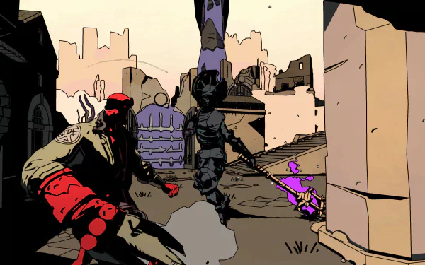 An HD desktop wallpaper featuring characters from the video game Hellboy: Web of Wyrd, showcasing a dynamic scene with Hellboy in an imaginative, stylized environment.