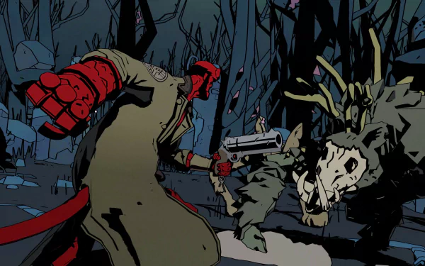 HD desktop wallpaper featuring Hellboy from the game Hellboy: Web of Wyrd in a dynamic battle stance, preparing to fight a mythical creature in a dark forest setting.