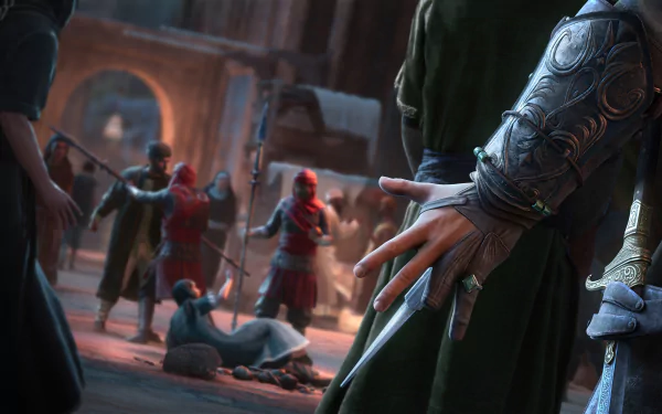 HD desktop wallpaper featuring a scene from Assassin's Creed Mirage with a focus on a character's hands in the foreground, set against the game's vibrant, historical backdrop capturing the tense atmosphere of a stealth mission.