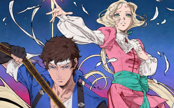 HD wallpaper featuring Richter Belmont and Maria Renard from Castlevania: Nocturne, depicted in a dynamic anime style with a vibrant blue background.