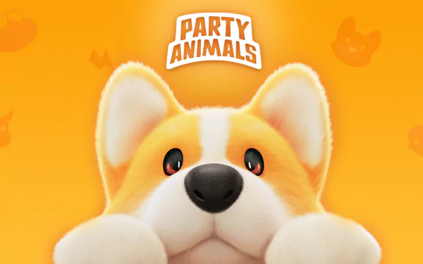 HD desktop wallpaper featuring a cute corgi from the video game Party Animals, with a vibrant orange background and game logo.
