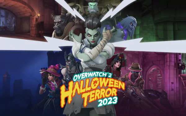 HD Overwatch 2 wallpaper of Halloween Terror 2023 event featuring various characters in a spooky-themed setting.