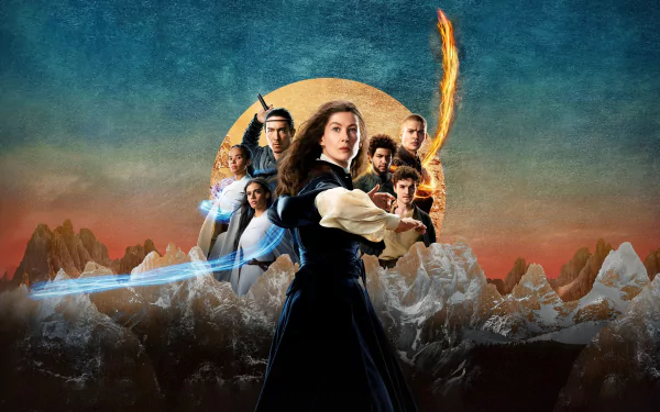 A striking HD wallpaper from The Wheel of Time, featuring a central character wielding magic, surrounded by key figures against a dramatic mountainous backdrop.