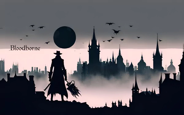 Silhouette of a Bloodborne hunter overlooking a dark, misty cityscape under a glowing moon, featuring bats in the sky, rendered in 8K Ultra HD for PC desktop.