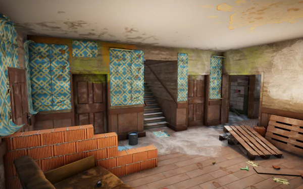 A cluttered interior scene from House Flipper 2, featuring peeling wallpaper, unpainted walls, and furniture in disarray, serving as an HD desktop wallpaper and background.