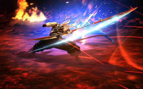 HD anime wallpaper featuring Tengen Uzui from Demon Slayer: Kimetsu no Yaiba unleashing a powerful glowing attack against Gyutaro in an intense battle scene.