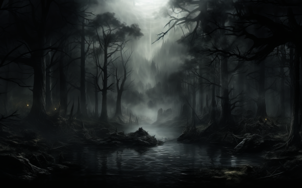 Mystical foggy forest HD wallpaper with eerie trees and a serene river, perfect as a desktop background.