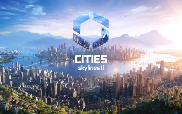 HD wallpaper for Cities: Skylines II featuring a futuristic cityscape with the game's logo floating above.