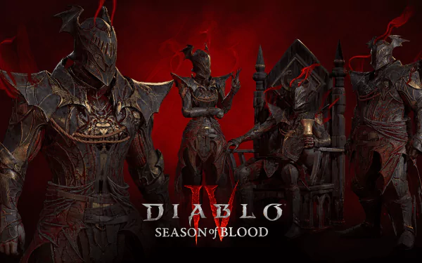 HD desktop wallpaper for Diablo IV featuring three armored characters with red smoky effects, promoting the Season of Blood.