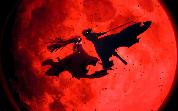 Cid Kagenou from The Eminence in Shadow is silhouetted against a vivid red moon in this 4K Ultra HD anime PC desktop wallpaper.