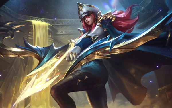 HD desktop wallpaper featuring Ashe from League of Legends, depicted in dynamic battle pose with a glowing bow, set against a grand, mystical backdrop.