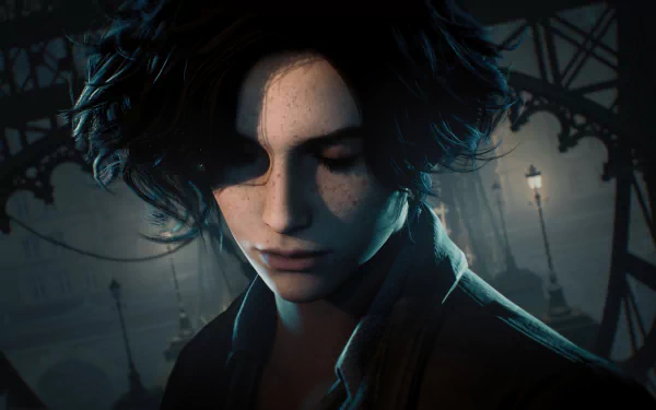 Lies of P game character with moody lighting on a bridge setting as HD desktop wallpaper.