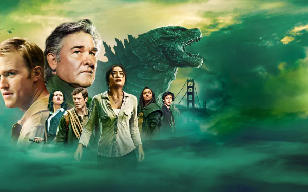 4K Ultra HD desktop wallpaper featuring the main cast of the TV show Monarch: Legacy of Monsters with Godzilla and the Golden Gate Bridge in a misty, dramatic background.