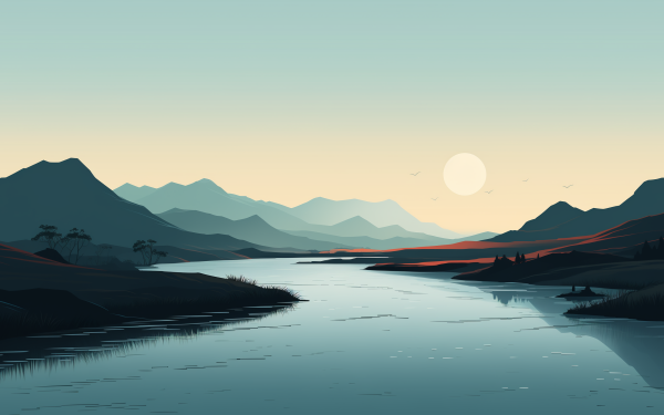 Serene digital art landscape of mountains with a river at sunset for HD desktop wallpaper.