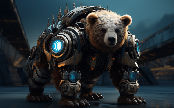 Cybernetic bear with glowing blue elements standing in a dark futuristic environment, perfect for sci-fi themed HD desktop wallpaper.