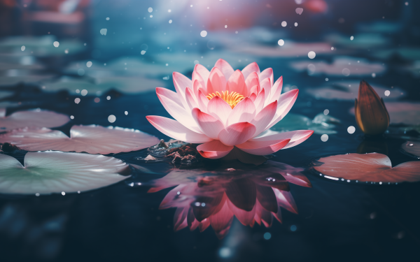 Vibrant pink lotus flower blossoming on tranquil water with lily pads, perfect for HD desktop wallpaper and serene background.