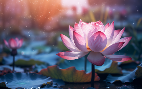 HD wallpaper of a vibrant lotus flower in full bloom set against a serene pond with a soft-focus background, perfect for a tranquil desktop background.