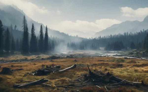HD desktop wallpaper showcasing an AI art-generated wilderness landscape with misty mountains and a serene forest clearing.