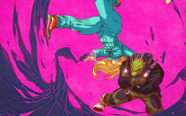 HD wallpaper featuring Nikaido and Kaiman from Dorohedoro in dynamic action poses against a vibrant pink background.