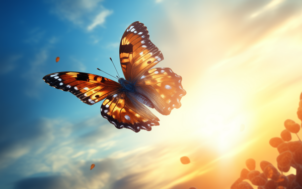 Vibrant butterfly soaring with open wings against a sunny sky, perfect for HD desktop wallpaper and background.