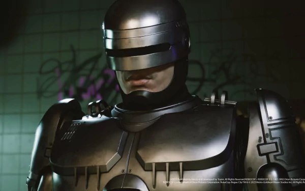 HD wallpaper featuring a close-up of RoboCop character from RoboCop: Rogue City against a graffiti-wall background.