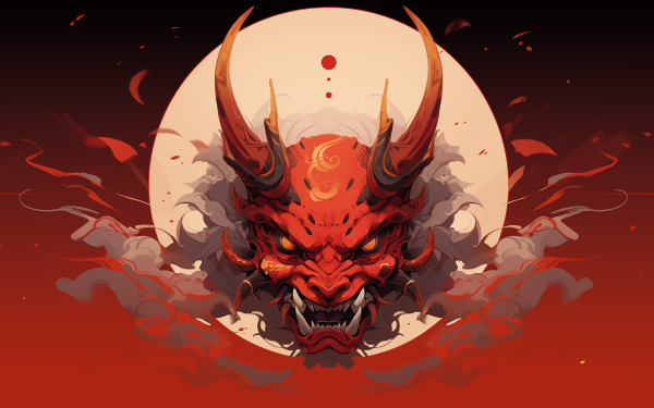 HD wallpaper of a dramatic original Oni mask illustration with fiery red and orange tones against a dark background, perfect for a desktop background.