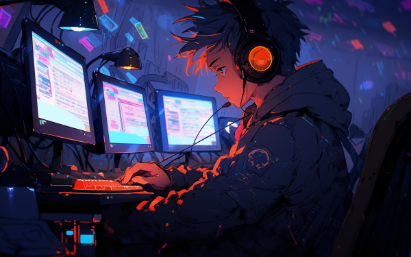 Alt-text: HD desktop wallpaper featuring an animated geek at a multi-monitor workstation, immersed in programming, with dynamic lighting and floating digital icons.