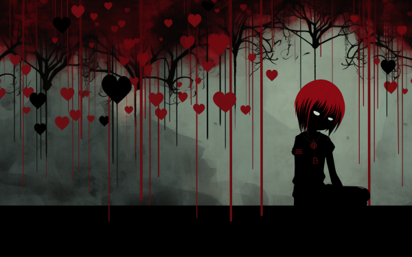 Emo-themed HD desktop wallpaper featuring a silhouette with red hair against a dark background with dripping heart designs.