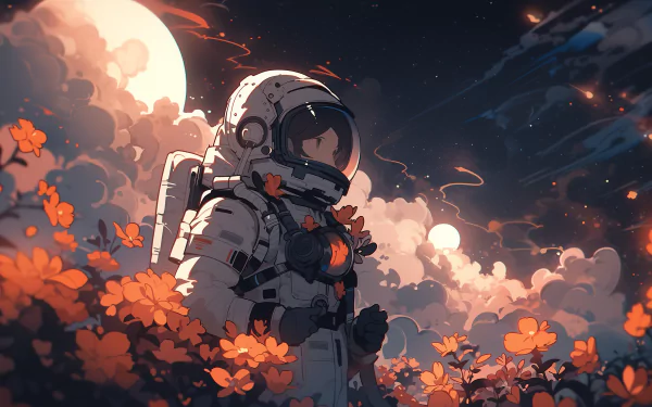 HD desktop wallpaper featuring an astronaut amid a field of orange flowers with a moonlit sky in the background.