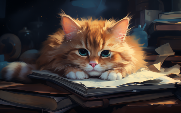 Adorable fluffy orange cat lying on an open book with stacks of books in the background - perfect HD desktop wallpaper for cat and book lovers.