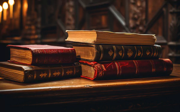 HD desktop wallpaper of a stack of vintage books on a wooden table with a blurred library background.