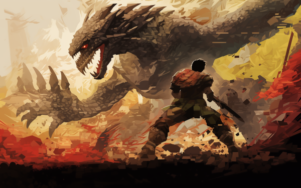 HD desktop wallpaper featuring a Monster Hunter game scene with a warrior facing a gigantic dragon in a dramatic showdown.