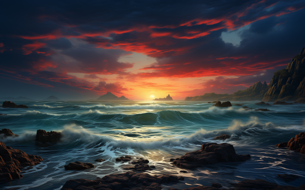 Stunning HD desktop wallpaper of ocean sunset with waves crashing on rocky shore