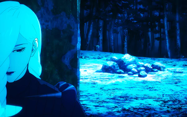 Mei Mei from Jujutsu Kaisen stands with eyes closed in a dark forest, captured in an 8K Ultra HD anime wallpaper for PC desktop backgrounds.