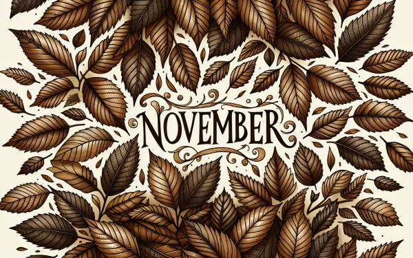 November-themed HD desktop wallpaper with elegant leaf pattern and stylish typography.