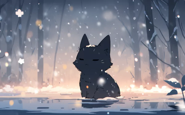 A serene black cat sits calmly in a snowy landscape, surrounded by softly falling snowflakes and silhouetted trees, creating a tranquil and enchanting wallpaper for your desktop.