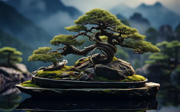 A serene HD wallpaper featuring a beautifully shaped bonsai tree on a rocky base, surrounded by lush greenery and misty mountains, capturing the tranquility of nature.