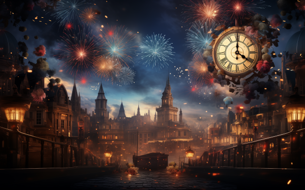 HD New Year desktop wallpaper featuring a clock striking midnight with fireworks over a vintage cityscape.