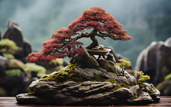 Stunning HD desktop wallpaper featuring a red-leaved bonsai tree on a mossy rock formation with a serene, misty mountain backdrop.