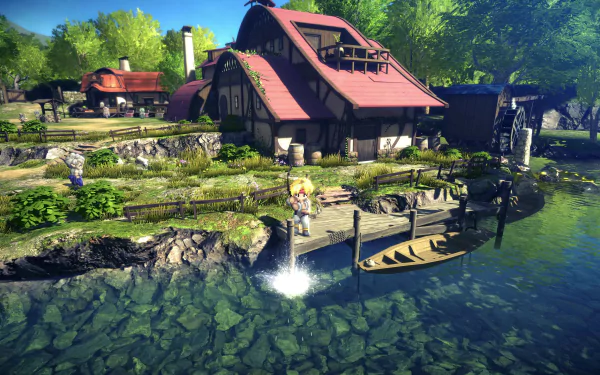 HD Desktop wallpaper featuring a serene lakeside scene from Star Ocean: The Second Story R video game.