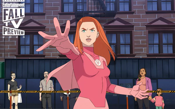 HD desktop wallpaper from the TV show Invincible featuring Atom Eve (Samantha Eve Wilkins) in action, set against a city backdrop with bystanders and police tape.