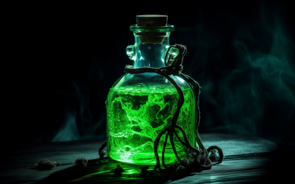 Glowing green toxic potion in a glass bottle with smoke on a dark background, HD desktop wallpaper.
