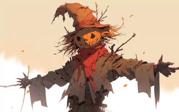 HD Halloween desktop wallpaper featuring a spooky scarecrow with a jack-o'-lantern head against a soft, autumnal backdrop.