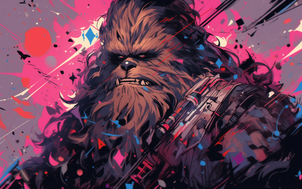 HD Star Wars Chewbacca pop art desktop wallpaper featuring colorful splatter background.