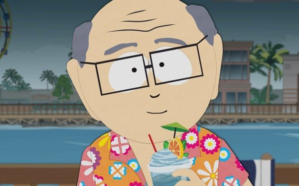 HD desktop wallpaper featuring a South Park character enjoying a tropical drink, with a colorful shirt and a backdrop of water and palm trees, perfect for fans of the animated series.