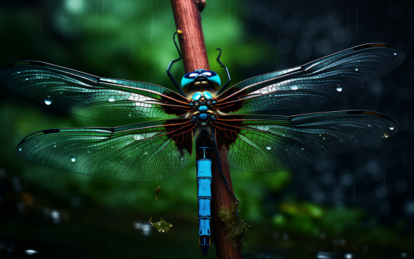 HD wallpaper of a vibrant blue dragonfly perched on a twig with dew drops and a blurred green background.