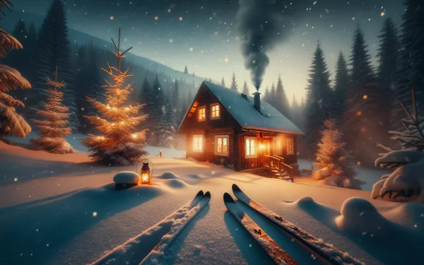 HD wallpaper of a cozy cabin surrounded by snow-covered pine trees and skiing tracks, warmly lit and inviting, on a serene snowy evening.