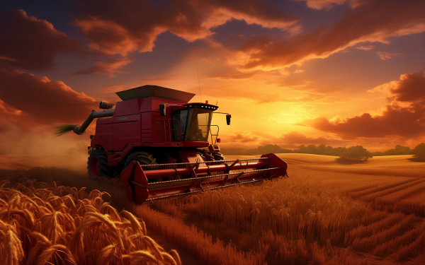 Red harvester working in wheat field during sunset, HD desktop wallpaper