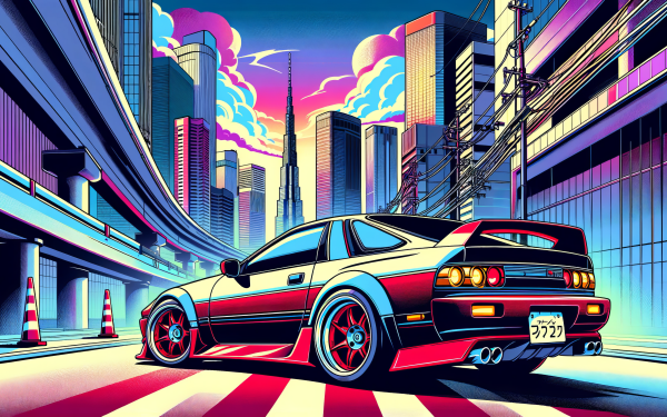 Retro-futuristic cityscape with a classic sports car in vibrant neon colors, perfect for HD desktop wallpaper and background.